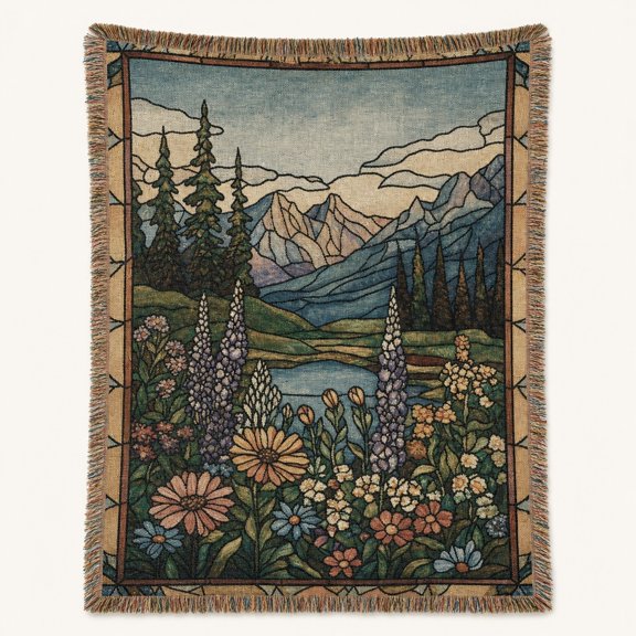 Pretty Messy Stained Glass Mountain Wildflower Multicolor Woven Blanket 100% cotton Rustic Nature Home Decor Living Room, 52 x 37 in