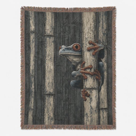 Pretty Messy Tree Frog on Rustic Bamboo Gray Green Woven Blanket 100% cotton Nature-Inspired Living Room Decor, 52 x 37 in