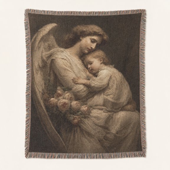 Pretty Messy Vintage Guardian Angel Religious Art Muted Brown and Cream Woven Blanket 100% cotton Fringed Classical Home Decor Living Room, 80 x 60 in