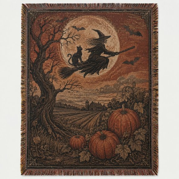Pretty Messy Vintage Halloween Witch and Black Cat Woven Blanket, 60 x 50 in