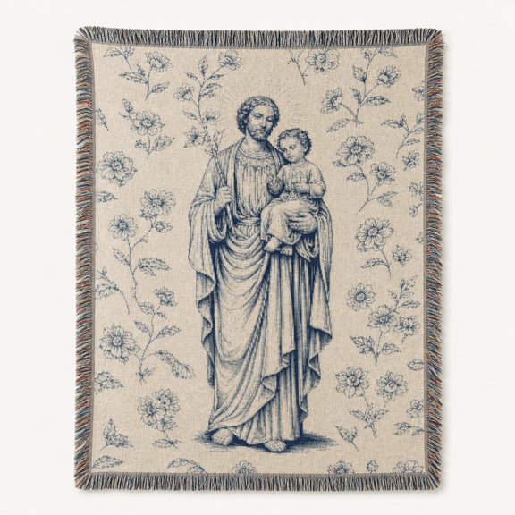 Pretty Messy Vintage Saint Joseph and floral Blue and cream Woven Blanket 100% cotton Religious Home decor Living room, 60 x 50 in