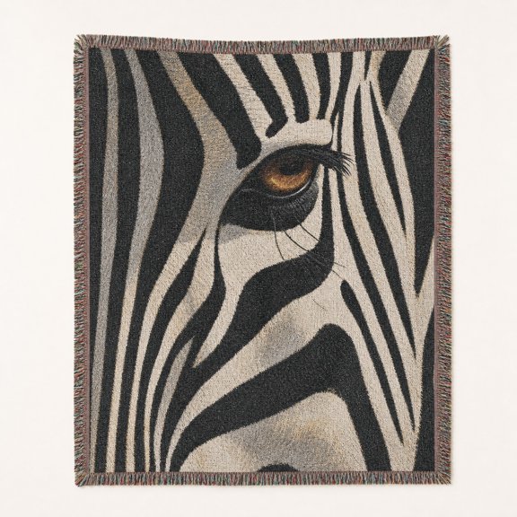 Pretty Messy Zebra Eye Animal Print Charcoal and Off-White Woven Blanket 100% cotton Graphic Style Home Decor Living Room, 60 x 50 in