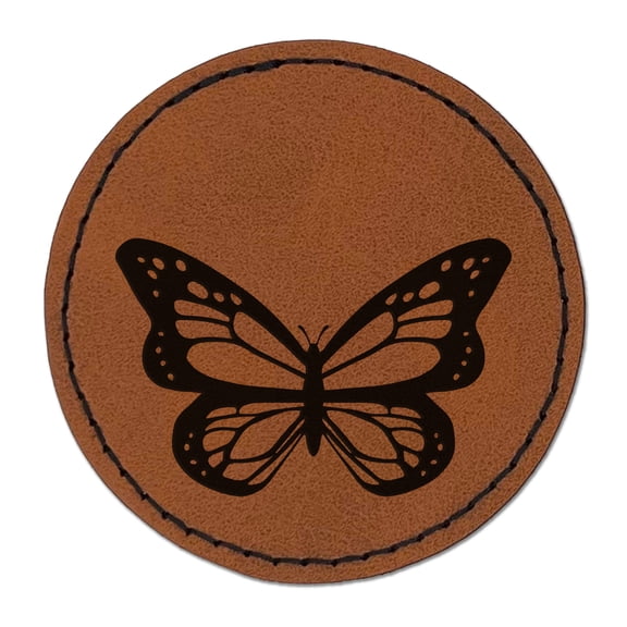 Pretty Monarch Butterfly 2.5" Faux Leather Round Engraved Iron-On Patch - Brown