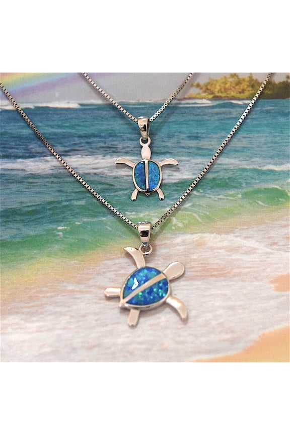Pretty Mother Daughter Hawaiian Opal Sea Turtle Matching Necklace, Sterling Silver Blue Opal Turtle Pendant, N7014 Big Little Sister