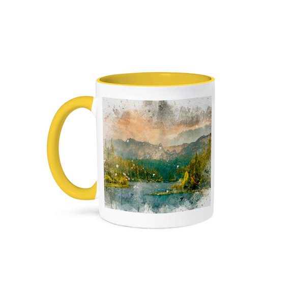 3drose, Pretty Mountain Lake with Pine Trees and Sunset over Mountains, 11oz Two-tone Yellow Mug