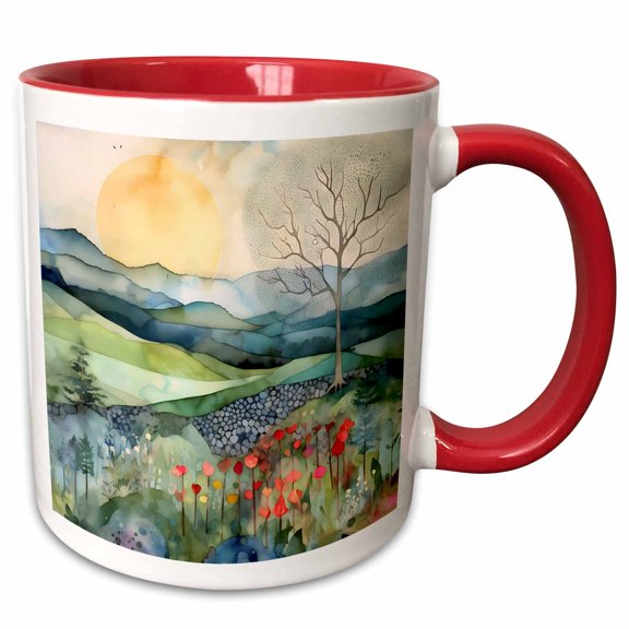 3drose, Pretty Mountains and Meadow Collage Background, 11oz Two-tone Red Mug