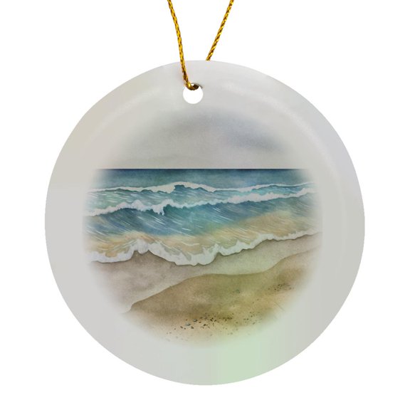 3drose, Pretty Ocean Waves Beach Scene Background, Circle Porcelain Ornament