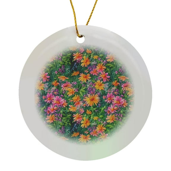 3drose, Pretty Orange and Pink Daisy Pattern, Circle Porcelain Ornament