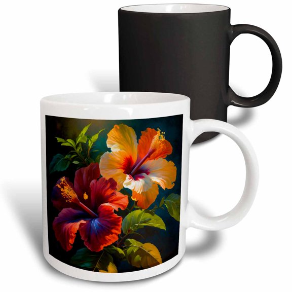 3drose, Pretty Orange and Yellow Hibiscus Flowers, 11oz Magic Transforming Mug
