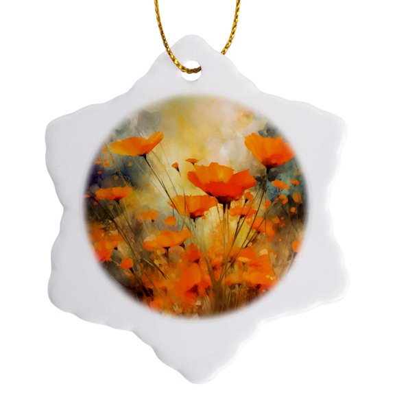 3drose, Pretty Orange Impressionist Poppy Flower Background, 3 inch Snowflake Porcelain Ornament