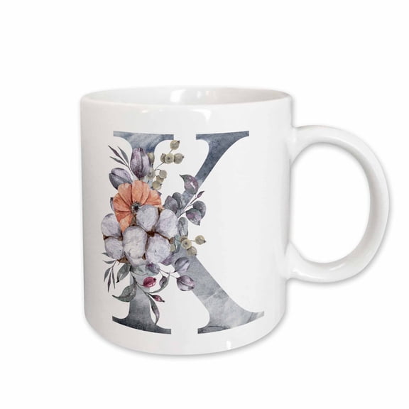 3drose, Pretty Orange, Pink and Gray Floral Monogram Initial K, 11oz Mug