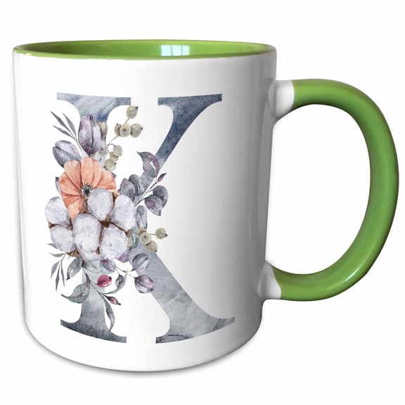 3drose, Pretty Orange, Pink and Gray Floral Monogram Initial K, 11oz Two-tone Green Mug