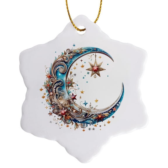 3drose, Pretty Ornamental Blue Moon Illustration, 3 inch Snowflake Porcelain Ornament