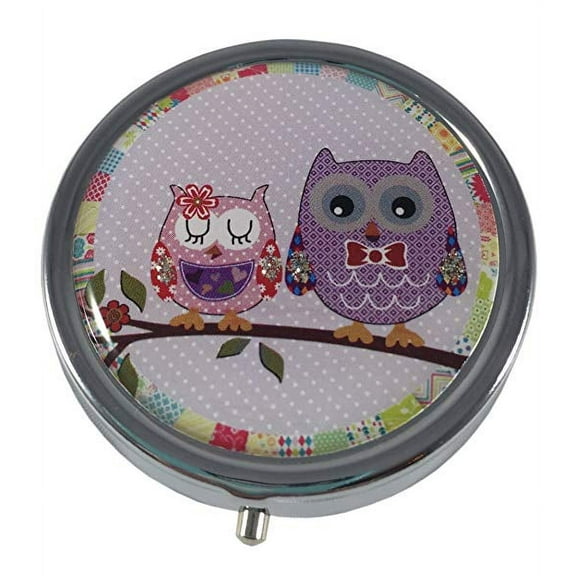 Pretty Owls Silver Three Compartment Round Pocket/Purse/Travel Pill Box- Purple