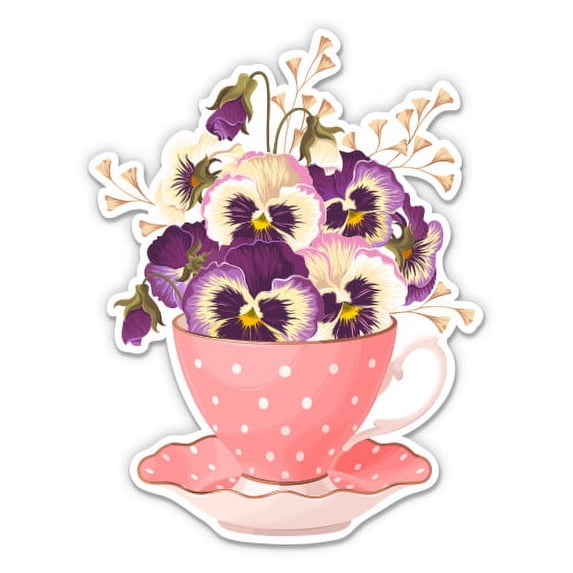 Pretty Pansies in a Teacup - 5" Vinyl Sticker - For Car Laptop I-Pad - Waterproof Decal