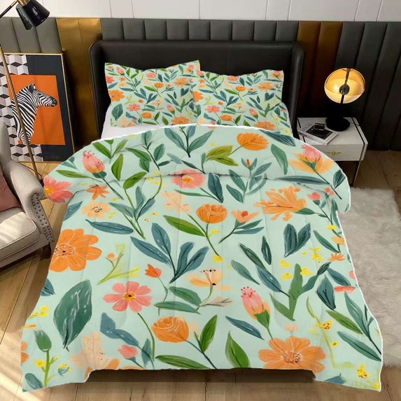 Pretty Pastel Floral Green Pattern Comforter Set Full Size Bedding Set For Travl Bedroom Decor Quilt With 2 Pillow Cases