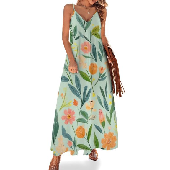 Pretty Pastel Floral Green Pattern Sleeveless Suspender Dress Summer Fashion Casual Long Dress