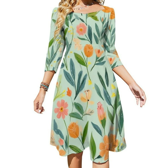 Pretty Pastel Floral Green Pattern Womens Summer Dress Tie Back A Line Flare Dress