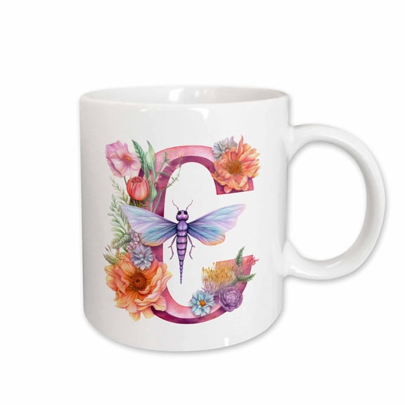 3drose, Pretty Pastel Floral Insect Monogram Initial C, 15oz Mug