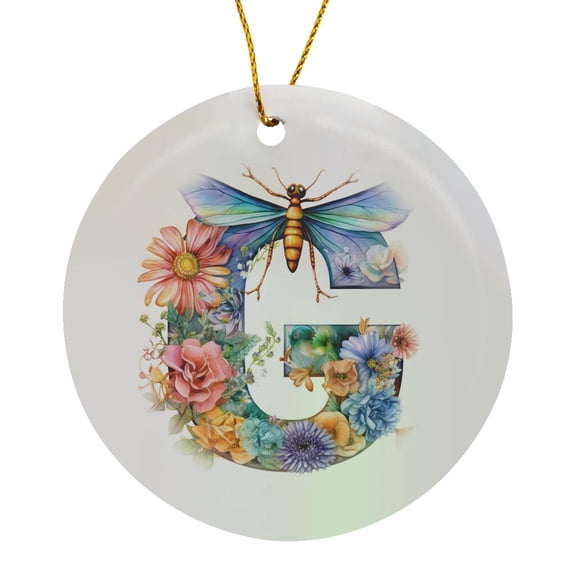 3drose, Pretty Pastel Floral Insect Monogram Initial G, Circle Porcelain Ornament