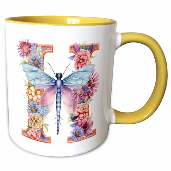 3drose, Pretty Pastel Floral Insect Monogram Initial H, 11oz Two-tone Yellow Mug