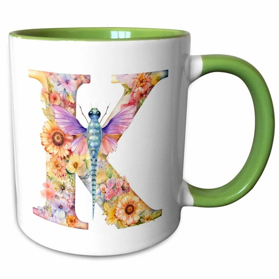 3drose, Pretty Pastel Floral Insect Monogram Initial K, 11oz Two-tone Green Mug