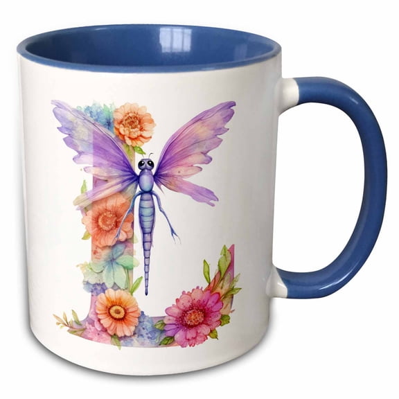 3drose, Pretty Pastel Floral Insect Monogram Initial L, 15oz Two-tone Blue Mug