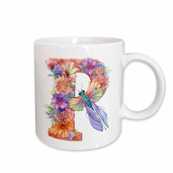 3drose, Pretty Pastel Floral Insect Monogram Initial P, 11oz Mug