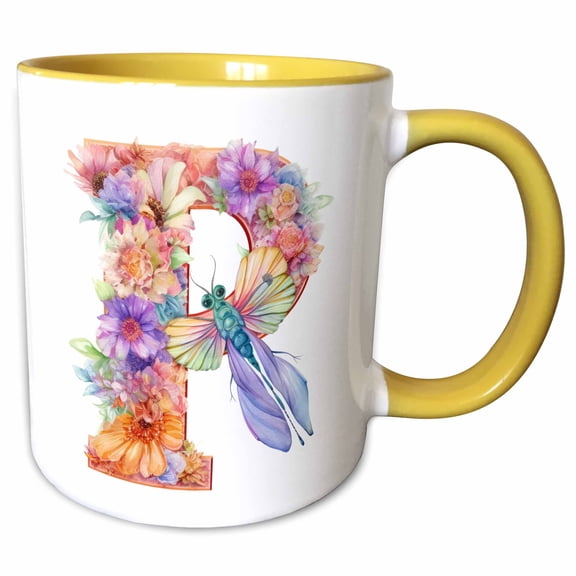 3drose, Pretty Pastel Floral Insect Monogram Initial P, 11oz Two-tone Yellow Mug