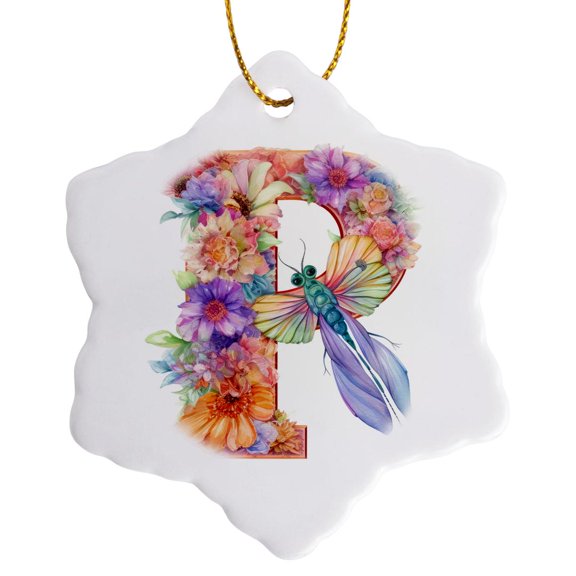 3drose, Pretty Pastel Floral Insect Monogram Initial P, 3 inch Snowflake Porcelain Ornament