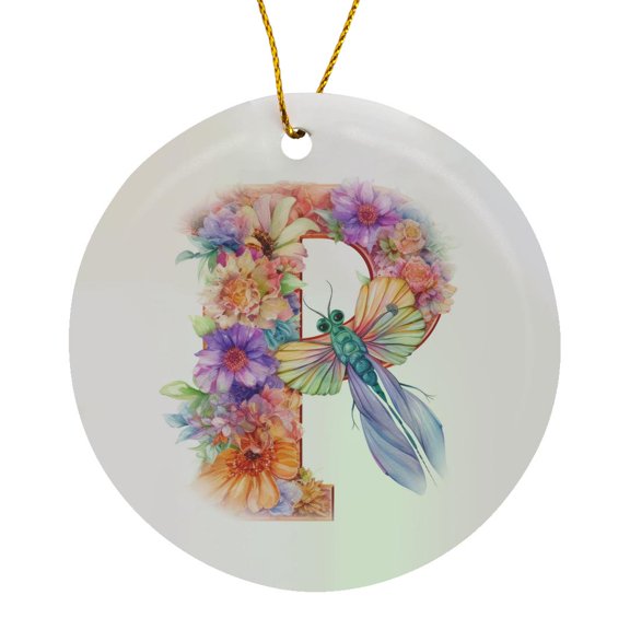 3drose, Pretty Pastel Floral Insect Monogram Initial P, Circle Porcelain Ornament