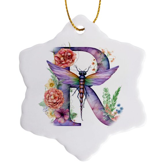 3drose, Pretty Pastel Floral Insect Monogram Initial R, 3 inch Snowflake Porcelain Ornament