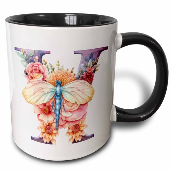 3drose, Pretty Pastel Floral Insect Monogram Initial W, 11oz Two-tone Black Mug
