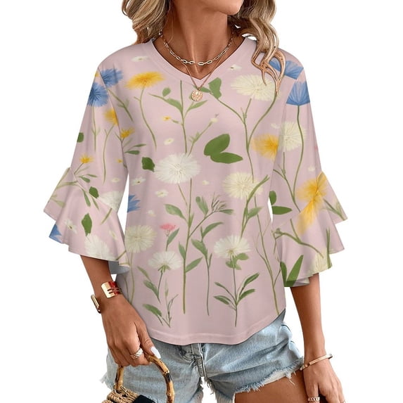 Pretty Pastel Flower Meadow Blooms Women's V-Neck Blouse With 3/4 Ruffled Bell Sleeves Casual Top Ladies Blouses