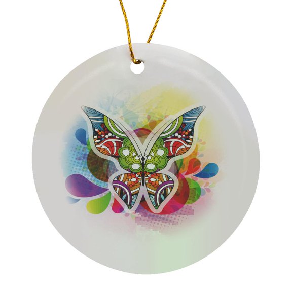 3drose, Pretty Patterned Outline Butterfly, Circle Porcelain Ornament