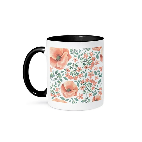 3dRose, Pretty Peach and Green Large Pansy Flower Pattern, 11oz Two-Tone Black Mug