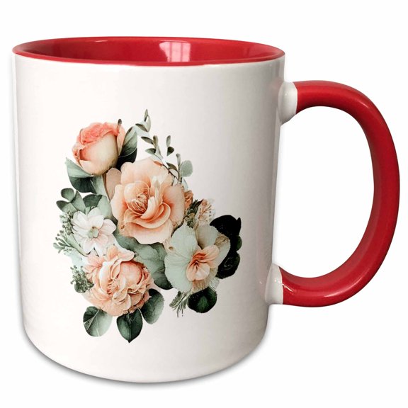 3drose, Pretty Peach Floral with Greenery Illustration, 11oz Two-tone Red Mug