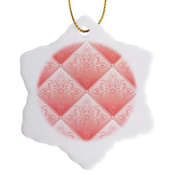 3drose, Pretty Peachy Pink Diamond Damask Pattern, 3 inch Snowflake Porcelain Ornament