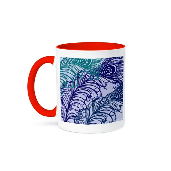 3dRose, Pretty Peacock Feathers - Birds - Art, 15oz Two-Tone Red Mug