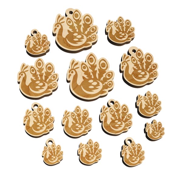 Pretty Peacock Wood Mini Charms Shapes DIY Craft Jewelry - No Hole - Various Sizes (16pcs)