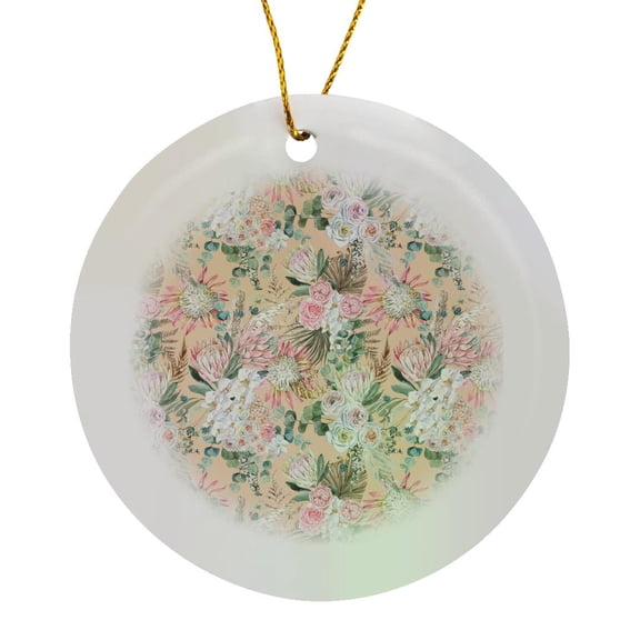 3drose, Pretty Pik and White Boho Floral Pattern, Circle Porcelain Ornament