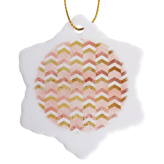 3drose, Pretty Pink and Faux Digitally Printed Gold Foil Broken Chevron, 3 inch Snowflake Porcelain Ornament
