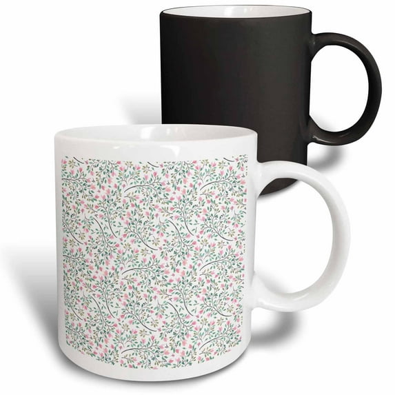 3drose, Pretty Pink and Green Leafy and Floral Watercolor Pattern, 11oz Magic Transforming Mug