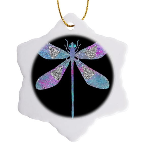 3drose, Pretty Pink and Image of Silver Glitter and Blue Dragonfly, 3 inch Snowflake Porcelain Ornament