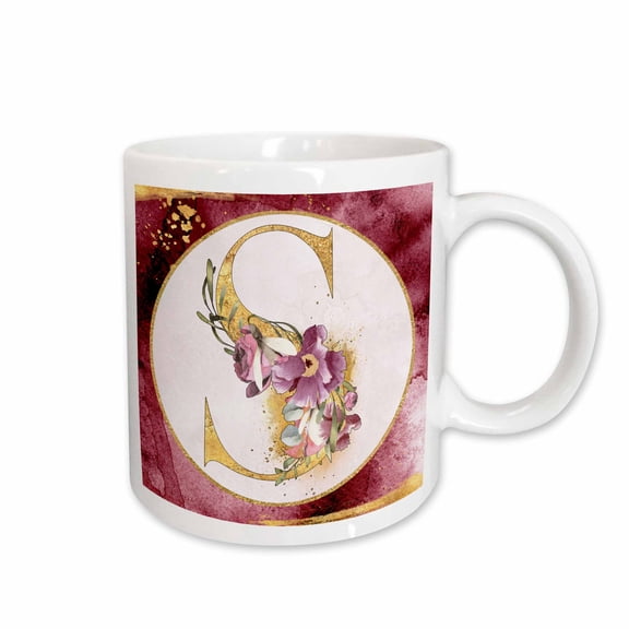 3drose, Pretty Pink and Purple Floral Image of Gold Monogram Initial S, 15oz Mug
