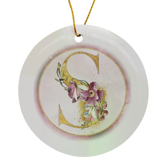 3drose, Pretty Pink and Purple Floral Image of Gold Monogram Initial S, Circle Porcelain Ornament