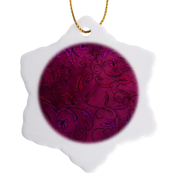 3drose, Pretty Pink and Purple Foil Effect Flourishes Pattern, 3 inch Snowflake Porcelain Ornament