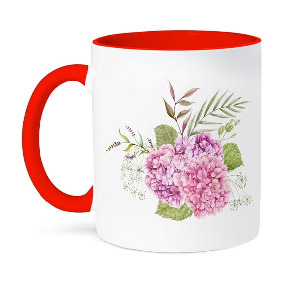 3dRose, Pretty Pink and Purple Image of Watercolor Hydrangea Flowers , 15oz Two-Tone Red Mug