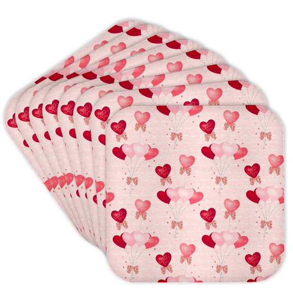 3drose, Pretty Pink and Red Heart Balloons with Image of Glitter Bows Pattern, Set of 8 Coasters - Soft