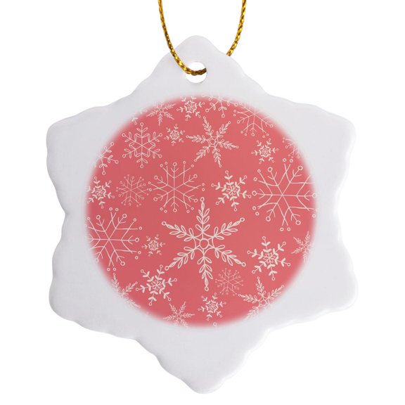 3drose, Pretty Pink and White Fancy Snowflake Pattern, 3 inch Snowflake Porcelain Ornament